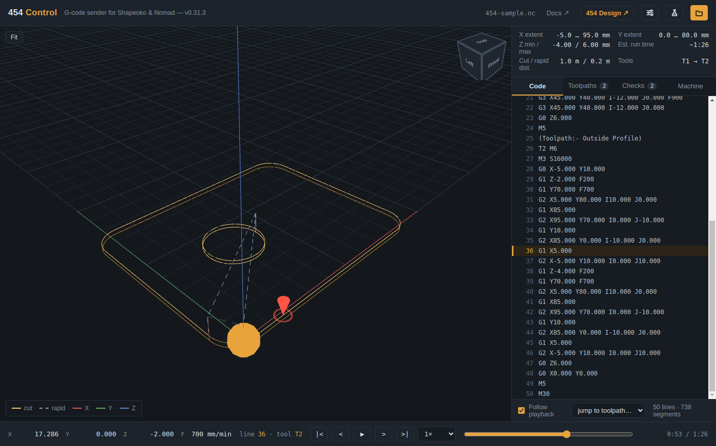 454 Control with a job loaded: a 3D preview of the toolpaths and the G-code beside it